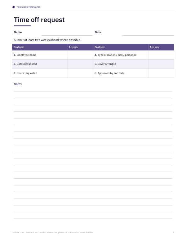 Preview of Printable PTO Request Form